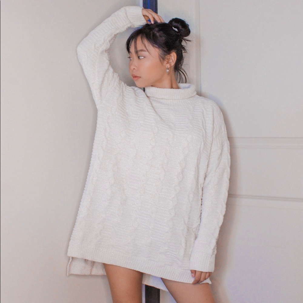 Cream Turtle Neck Slit Mini Dress / Top - Picture 1 of 6